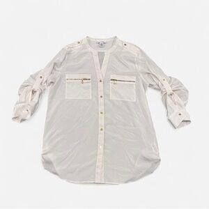 Calvin Klein Women's White Split Collar Sheer Roll-Tab Button-Up Shirt B1